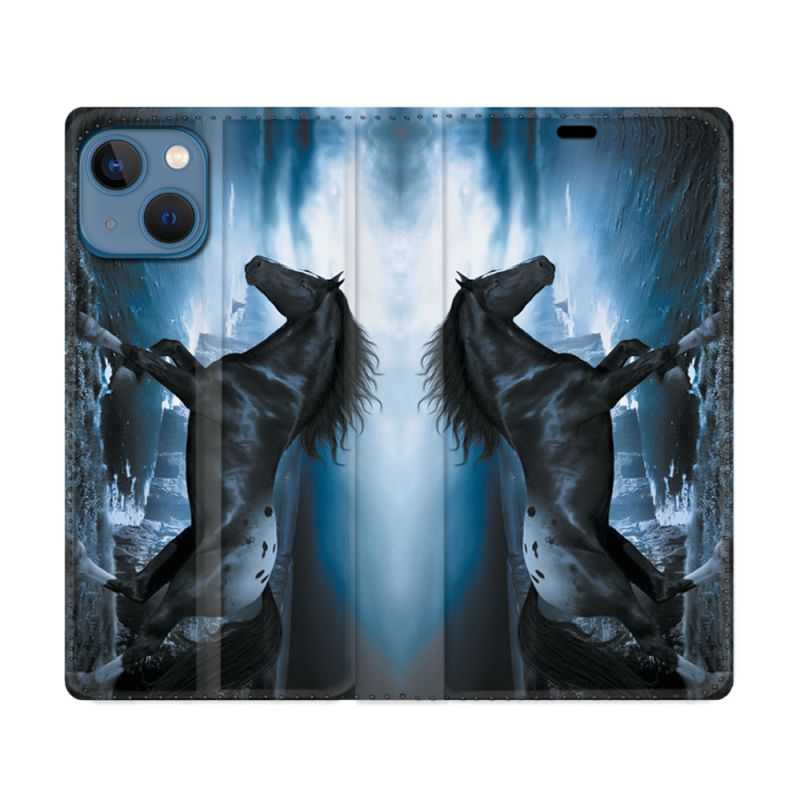 Housse Cuir Portefeuille Pour Iphone 14 (6.1) Animal Cheval Noir