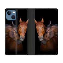 Housse Cuir Portefeuille Pour Iphone 14 (6.1) Animal Cheval Marron