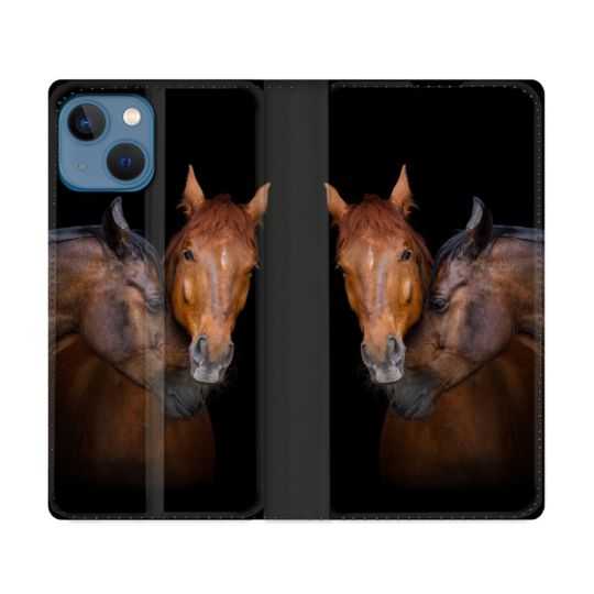 Housse Cuir Portefeuille Pour Iphone 14 (6.1) Animal Cheval Marron