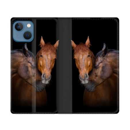Housse Cuir Portefeuille Pour Iphone 14 (6.1) Animal Cheval Marron