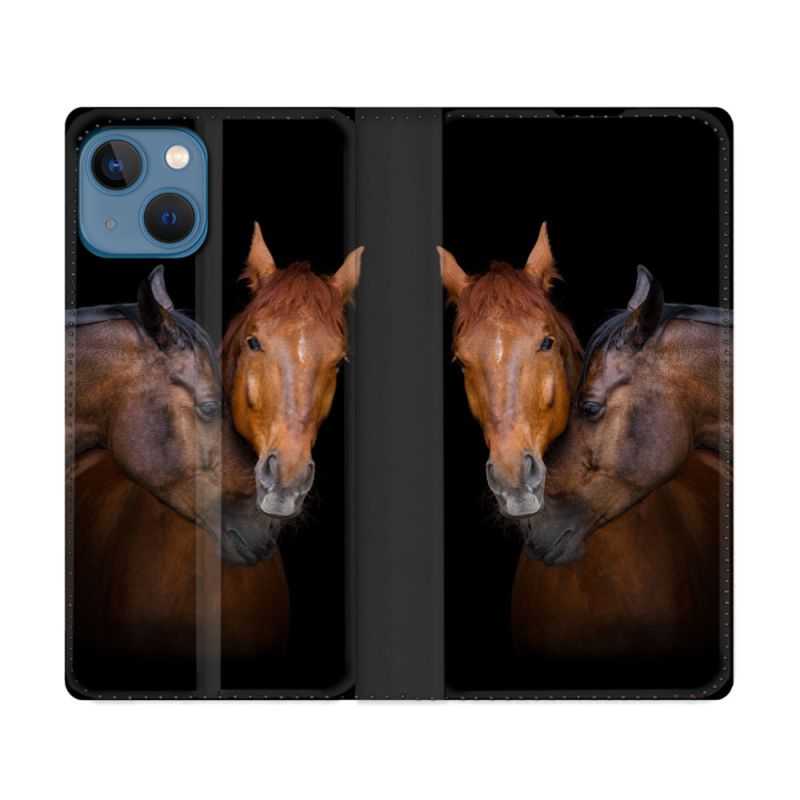 Housse Cuir Portefeuille Pour Iphone 14 (6.1) Animal Cheval Marron