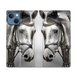 Housse Cuir Portefeuille Pour Iphone 14 (6.1) Animal Cheval Blanc