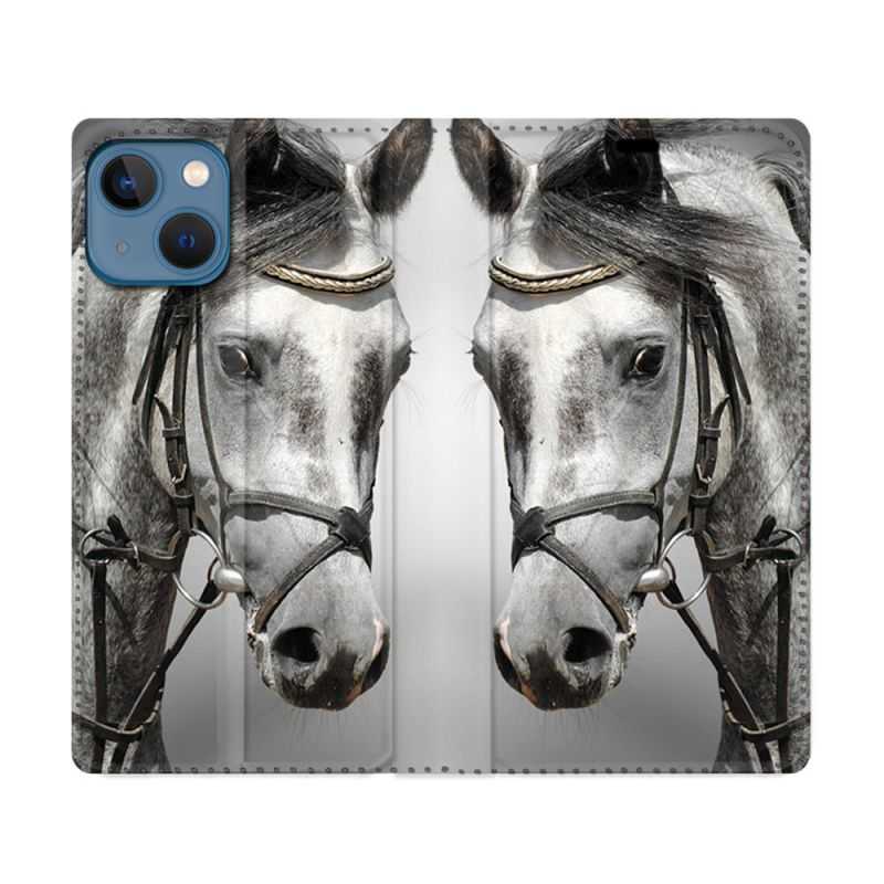 Housse Cuir Portefeuille Pour Iphone 14 (6.1) Animal Cheval Blanc