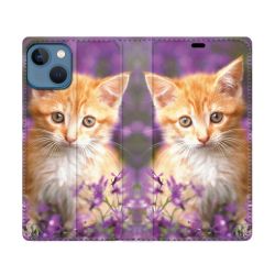 Housse Cuir Portefeuille Pour Iphone 14 (6.1) Animal Chat Violet