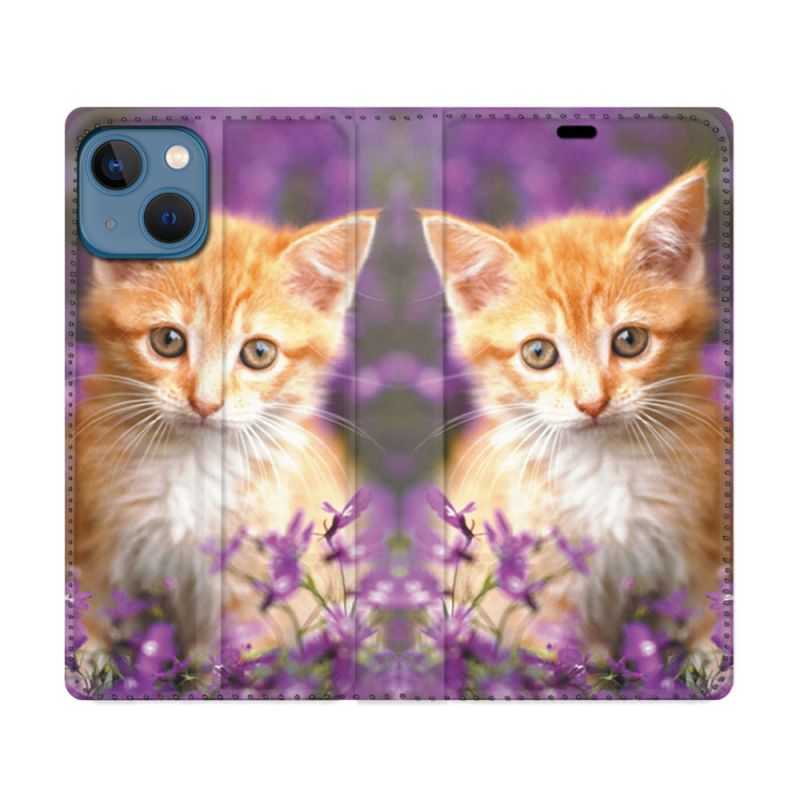 Housse Cuir Portefeuille Pour Iphone 14 (6.1) Animal Chat Violet