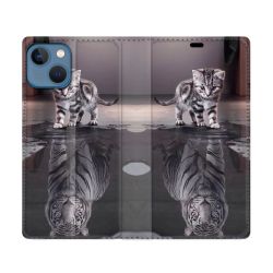 Housse Cuir Portefeuille Pour Iphone 14 (6.1) Animal Chat Reflet