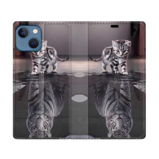Housse Cuir Portefeuille Pour Iphone 14 (6.1) Animal Chat Reflet