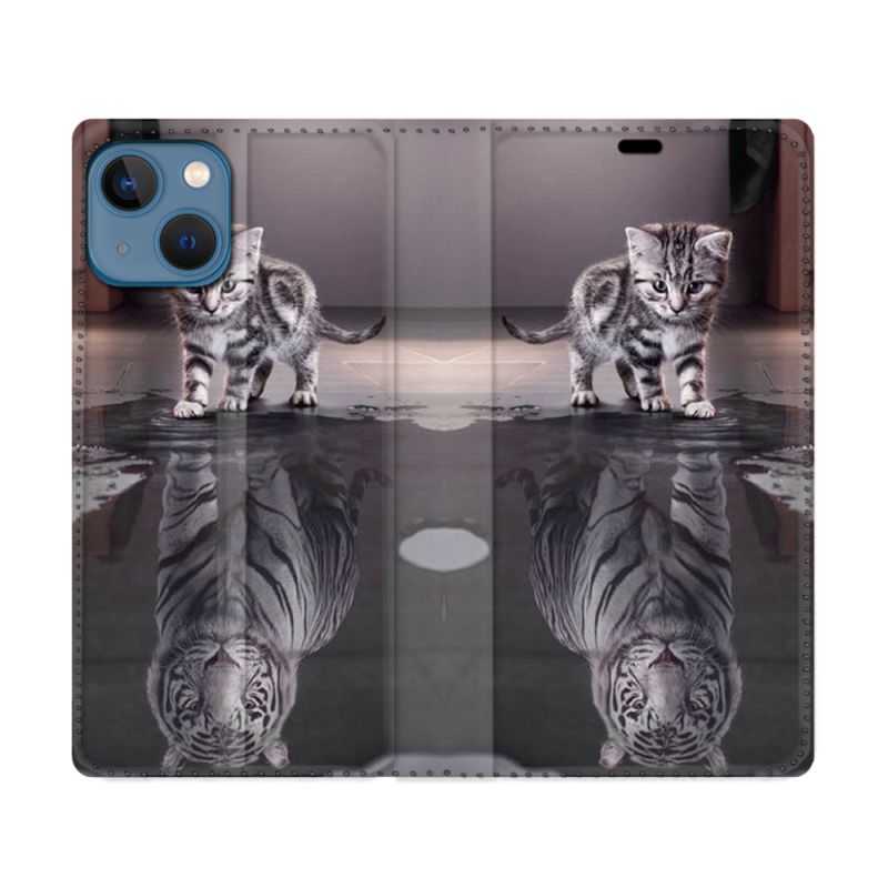 Housse Cuir Portefeuille Pour Iphone 14 (6.1) Animal Chat Reflet
