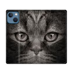 Housse Cuir Portefeuille Pour Iphone 14 (6.1) Animal Chat Gris