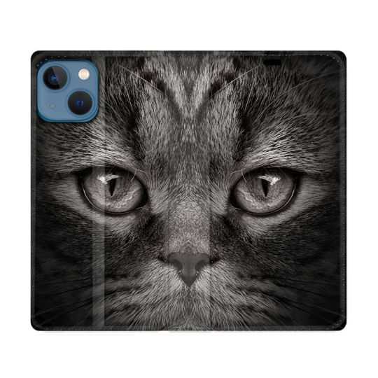 Housse Cuir Portefeuille Pour Iphone 14 (6.1) Animal Chat Gris