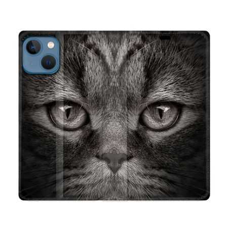 Housse Cuir Portefeuille Pour Iphone 14 (6.1) Animal Chat Gris
