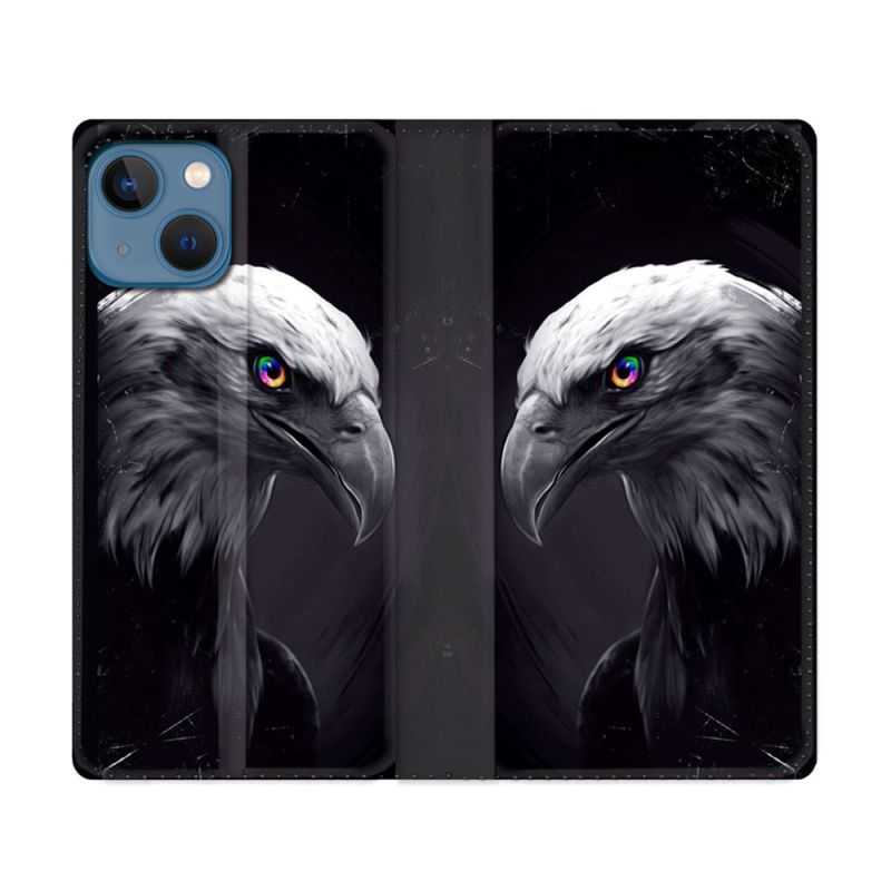 Housse Cuir Portefeuille Pour Iphone 14 (6.1) Animal Aigle Royal Noir