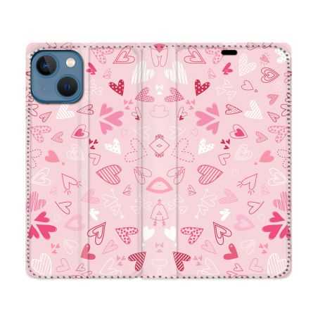Housse Cuir Portefeuille Pour Iphone 14 (6.1) Amour Ptis Coeurs