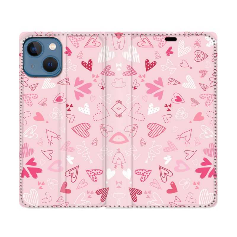 Housse Cuir Portefeuille Pour Iphone 14 (6.1) Amour Ptis Coeurs
