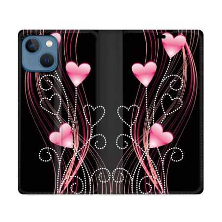 Housse Cuir Portefeuille Pour Iphone 14 (6.1) Amour Coeur Rose Montant sur Noir