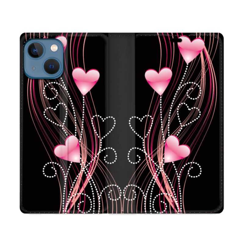 Housse Cuir Portefeuille Pour Iphone 14 (6.1) Amour Coeur Rose Montant sur Noir