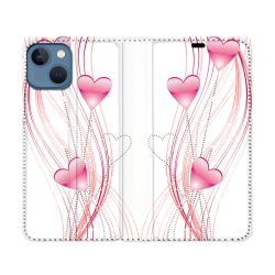Housse Cuir Portefeuille Pour Iphone 14 (6.1) Amour Coeur Rose Montant sur Blanc