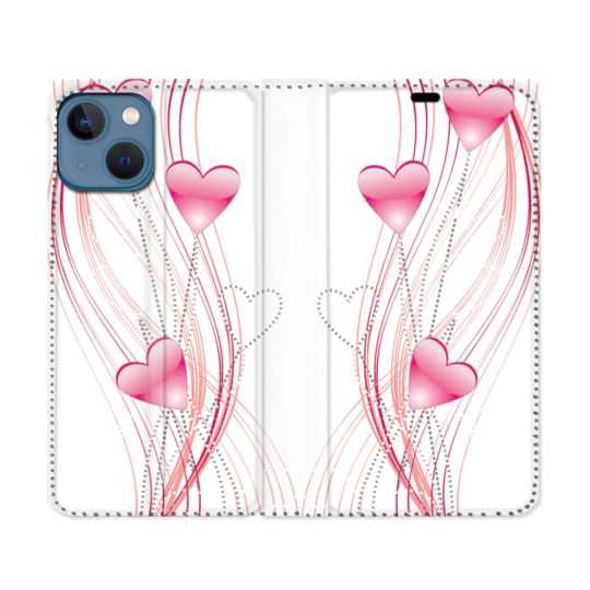 Housse Cuir Portefeuille Pour Iphone 14 (6.1) Amour Coeur Rose Montant sur Blanc