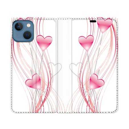 Housse Cuir Portefeuille Pour Iphone 14 (6.1) Amour Coeur Rose Montant sur Blanc