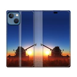 Housse Cuir Portefeuille Pour Iphone 14 (6.1) Agriculture Moissonneuse Soleil
