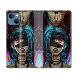 Housse Cuir Portefeuille Pour Iphone 14 (6.1) Arcane Jynx Bleu