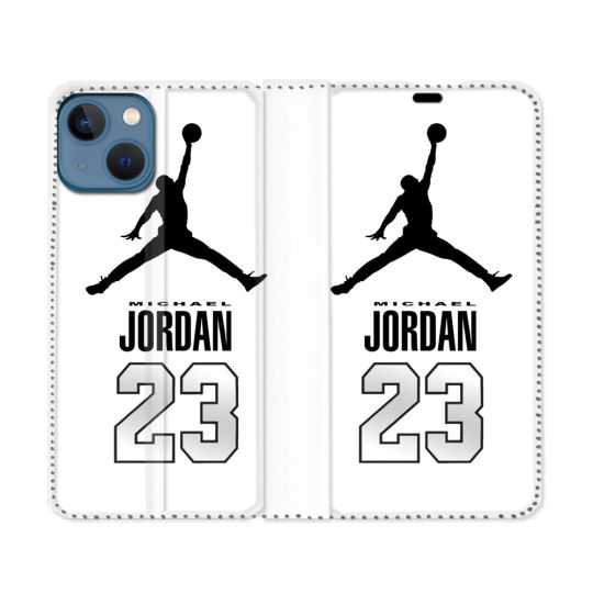 Housse Cuir Portefeuille Pour Iphone 14 (6.1) Jordan 23 Blanc