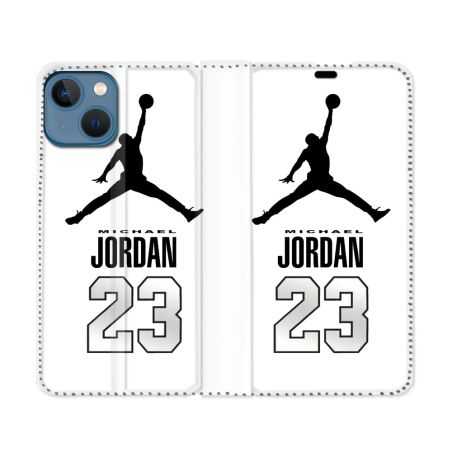 Housse Cuir Portefeuille Pour Iphone 14 (6.1) Jordan 23 Blanc
