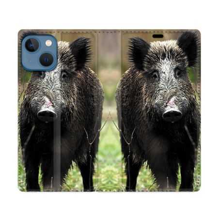 Housse Cuir Portefeuille Pour Iphone 14 Pro Max (6.7) Chasse Sanglier bois