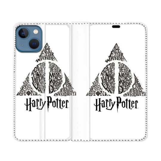 Housse Cuir Portefeuille Pour Iphone 14 Pro Max (6.7) Harry Potter Hollows triangle Blanc