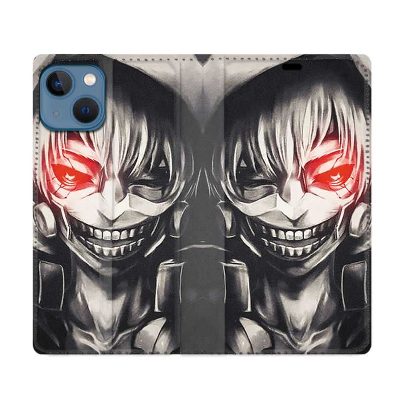 Housse Cuir Portefeuille Pour Iphone 14 Pro Max (6.7) Manga Tokyo Ghoul Kaneki Noir
