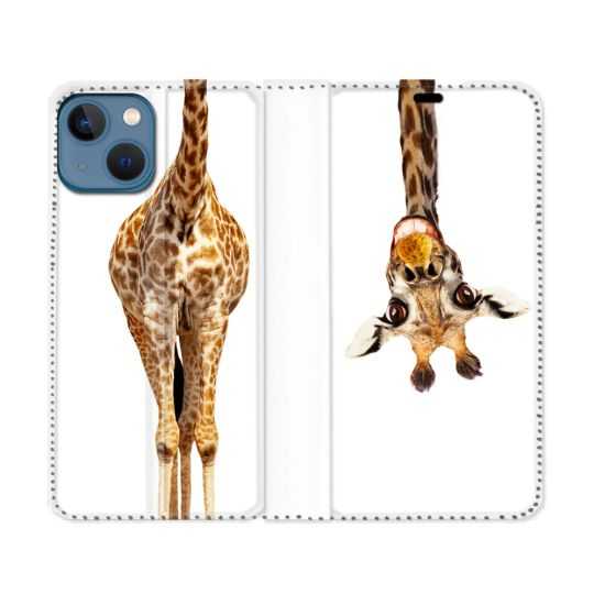 Housse Cuir Portefeuille Pour Iphone 14 Pro (6.1) Animal Girafe Blanche