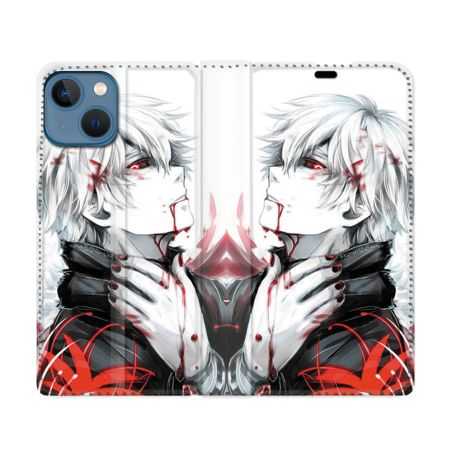 Housse Cuir Portefeuille Pour Iphone 14 Pro (6.1) Manga Tokyo Ghoul Kaneki Blanc