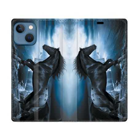 Housse Cuir Portefeuille Pour Iphone 14 Max (6.7) Animal Cheval Noir