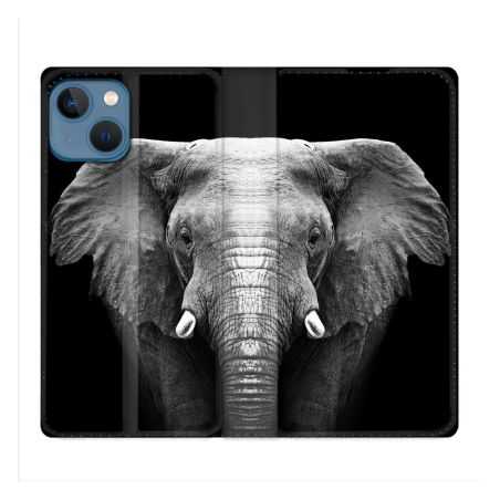 Housse Cuir Portefeuille Pour Iphone 14 Max (6.7) Animal Elephant Noir
