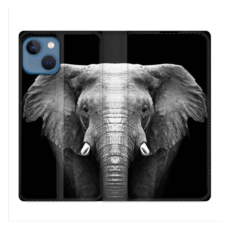 Housse Cuir Portefeuille Pour Iphone 14 Max (6.7) Animal Elephant Noir