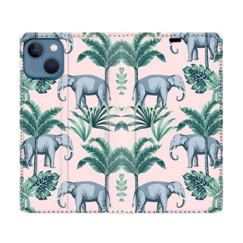 Housse Cuir Portefeuille Pour Iphone 14 Max (6.7) Animal Elephant Pattern