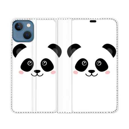 Housse Cuir Portefeuille Pour Iphone 14 Max (6.7) Animal Panda Blanc