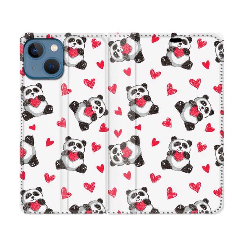 Housse Cuir Portefeuille Pour Iphone 14 Max (6.7) Animal Panda Cœur