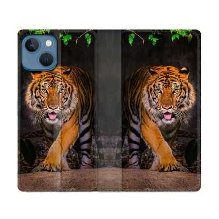 Housse Cuir Portefeuille Pour Iphone 14 Max (6.7) Animal Tigre Jungle
