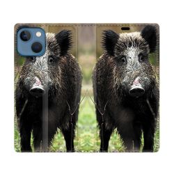 Housse Cuir Portefeuille Pour Iphone 14 Max (6.7) Chasse Sanglier bois