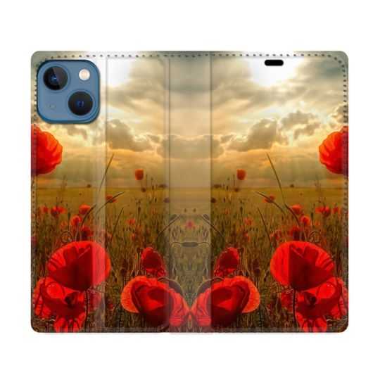 Housse Cuir Portefeuille Pour Iphone 14 Max (6.7) Fleur Coquelicot