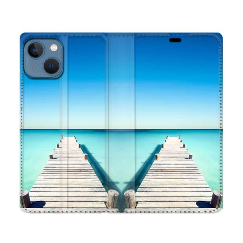 Housse Cuir Portefeuille Pour Iphone 14 Max (6.7) Nature Pont Mer