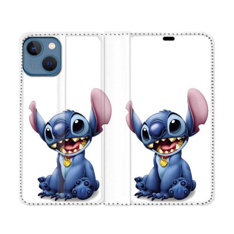 Housse Cuir Portefeuille Pour Iphone 14 Max (6.7) Stitch Blanc