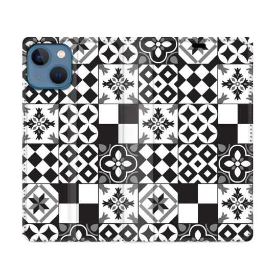 Housse Cuir Portefeuille Pour Iphone 14 Max (6.7) Texture Carreau Ciment Noir