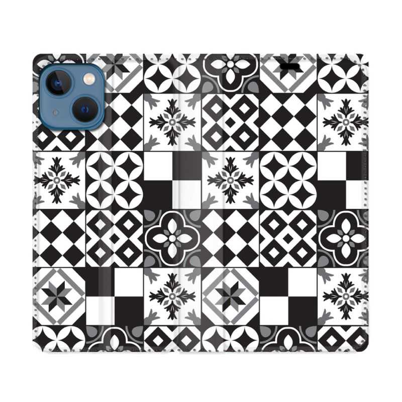 Housse Cuir Portefeuille Pour Iphone 14 Max (6.7) Texture Carreau Ciment Noir