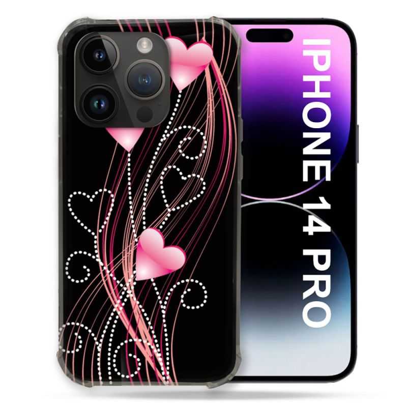 Coque Pour Iphone 14 Pro (6.1) Amour Coeur Rose Montant sur Noir