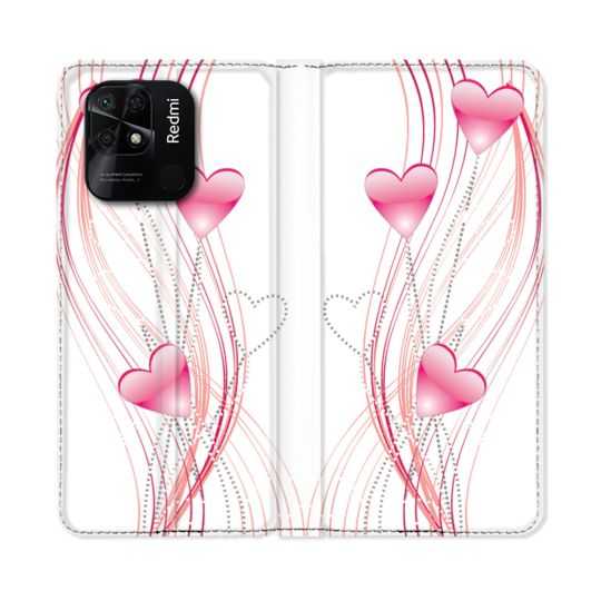 Housse cuir portefeuille Pour Xiaomi Redmi 10C Amour Coeur Rose Montant sur Blanc