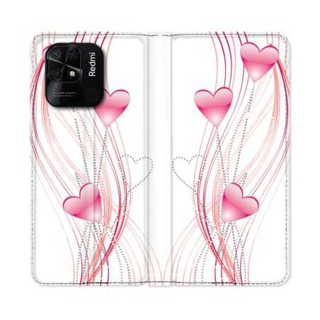 Housse cuir portefeuille Pour Xiaomi Redmi 10C Amour Coeur Rose Montant sur Blanc
