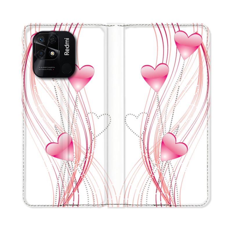 Housse cuir portefeuille Pour Xiaomi Redmi 10C Amour Coeur Rose Montant sur Blanc