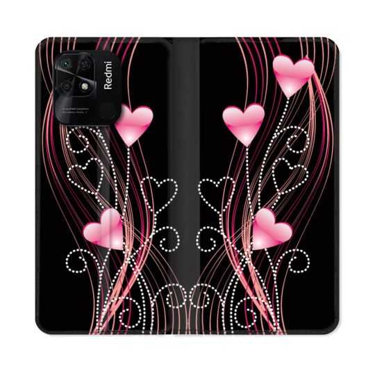 Housse cuir portefeuille Pour Xiaomi Redmi 10C Amour Coeur Rose Montant sur Noir